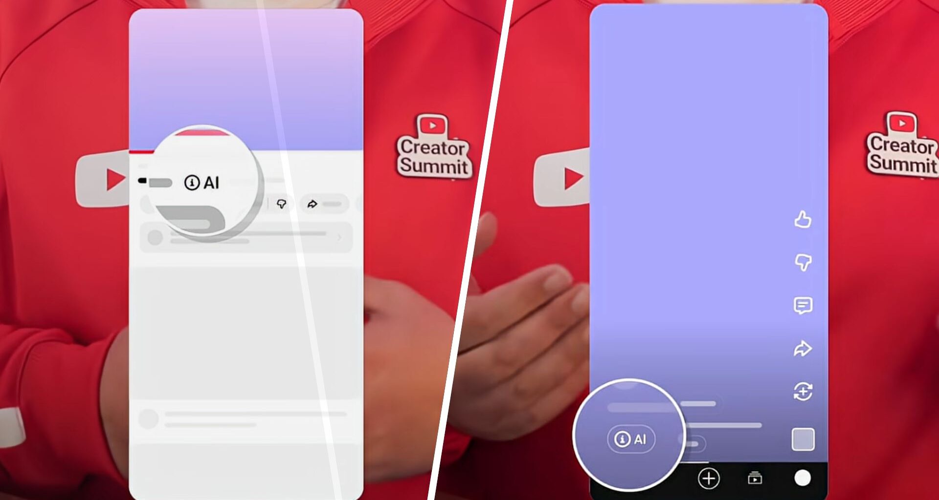 A split image showing new AI labels on YouTube videos