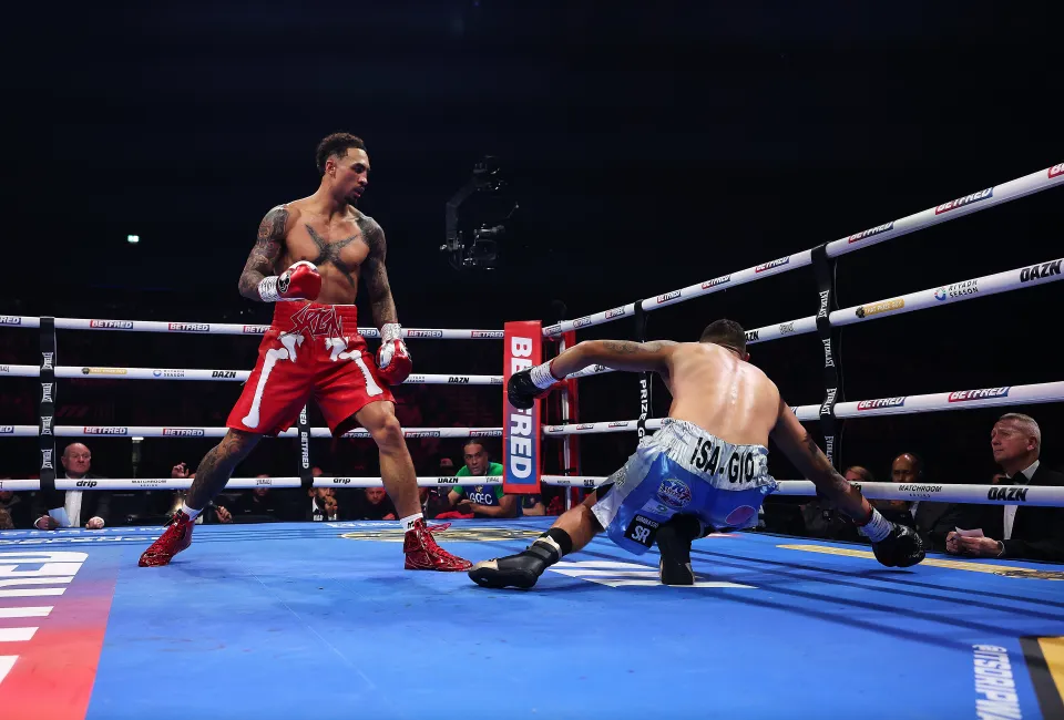 Ben Whittaker (red trunks) knocks out Braian Suarez in the 1st round of their Light Heavyweight Contest at M&S Bank Arena on April 18, 2026 in Liverpool, England