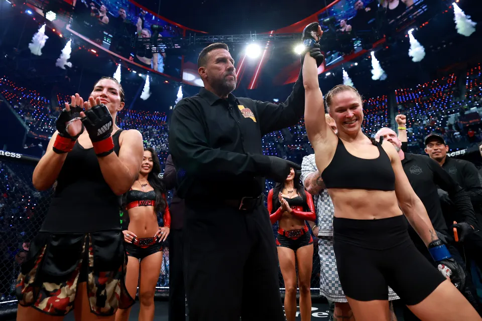 Ronda Rousey celebrates after defeating Gina Carano by submission in their featherweight bout during the main card of Netflix's Ronda Rousey vs. Gina Carano at Intuit Dome on May 16, 2026 in Inglewood, California