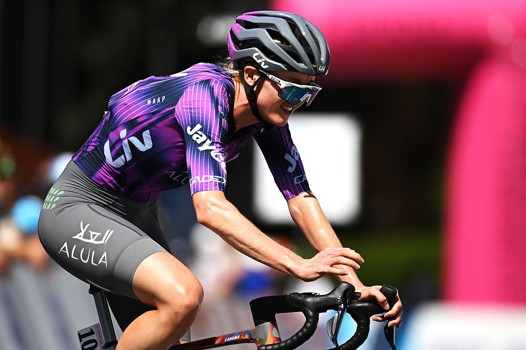 VILLARS-SUR-OLLON, SWITZERLAND - AUGUST 15: Amber Pate of Australia and Team Liv AlUla Jayco crosses the finish line during the 4th Tour de Romandie Feminin 2025, Stage 1 a 4.4km individual time trial stage from Huemoz to Villars-sur-Ollon / #UCIWWT / on August 15, 2025 in Villars-sur-Ollon, Switzerland. (Photo by Dario Belingheri/Getty Images)