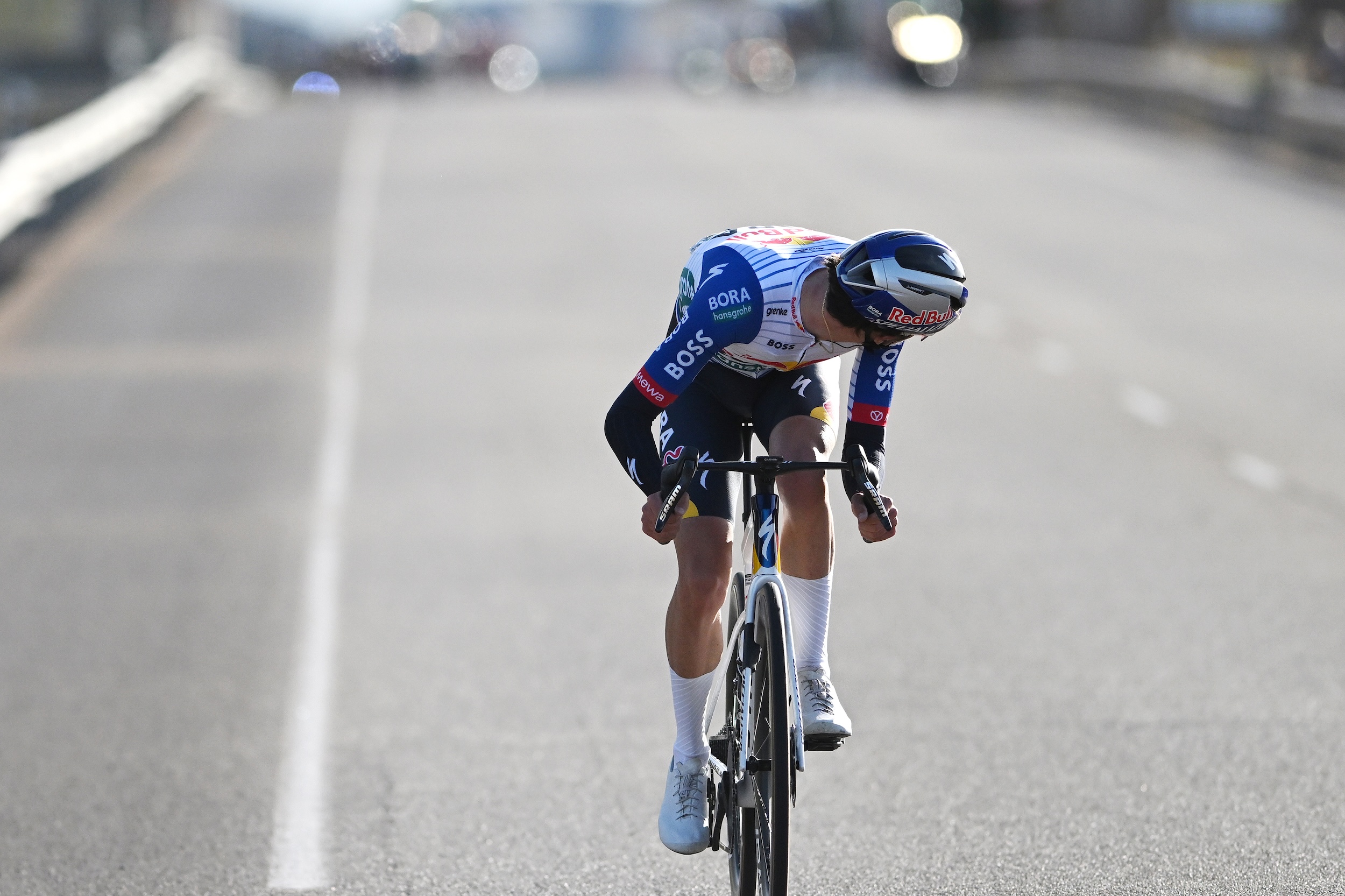 Giulio Pellizzari of Italy and Team Red Bull - BORA - hansgrohe attacks in the final kilometres during the 77th Volta Comunitat Valenciana 2026, Stage 1 (Photo by Szymon Gruchalski/Getty Images)