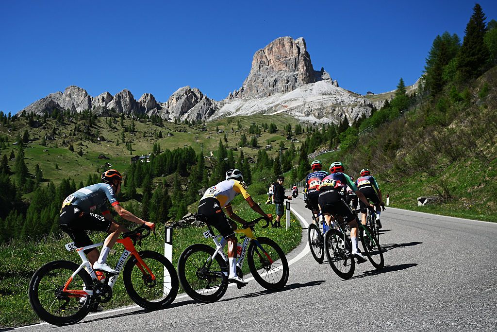 ALLEGHE, ITALY - MAY 29: (L-R) Thymen Arensman of Netherlands and Egan Bernal of Colombia and Netcompany INEOS Cycling Team climbing to the Passo Giau (2226m) during the 109th Giro d&amp;apos;Italia 2026, Stage 19 a 151km stage from Feltre to Alleghe - Piani di Pezze 1467m / #UCIWT / on May 29, 2026 in Alleghe, Italy. (Photo by Dario Belingheri/Getty Images)
