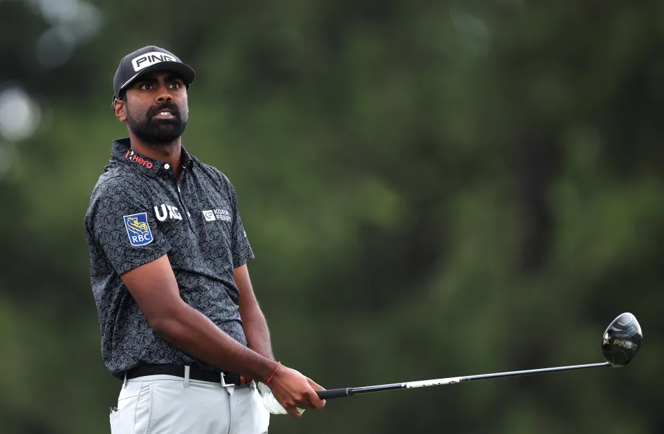 Sahith Theegala of the United States plays his shot from the seventh tee during the second round of the PGA Championship at Aronimink Golf Club on May 15, 2026 in Newtown, Pennsylvania.