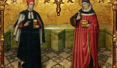 Portrait of Saints Cosmas and Damian painted by Jaume Huguet. Their connection to eye care and therapies in the Byzantine Empire is religious and cultural.