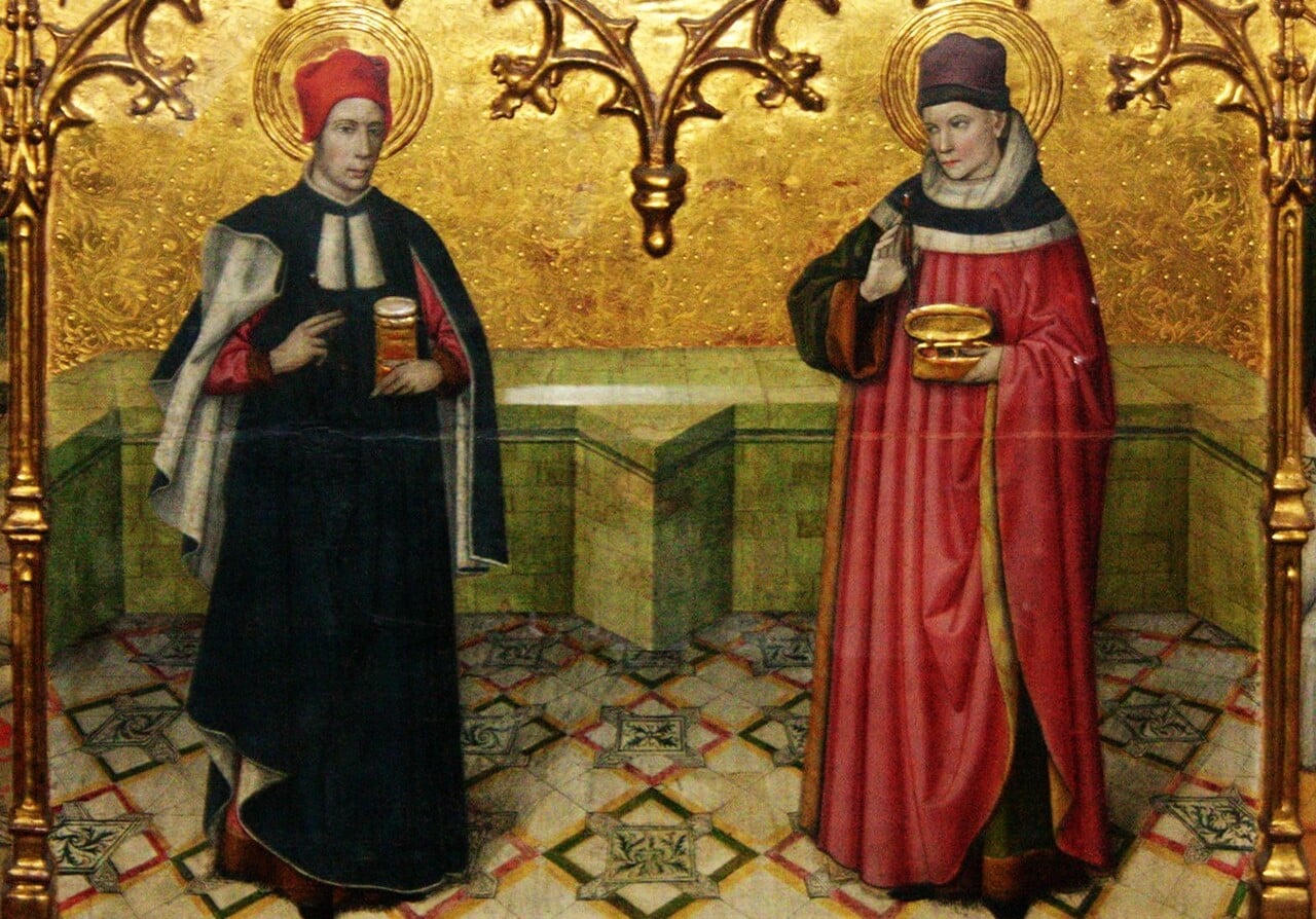 Portrait of Saints Cosmas and Damian painted by Jaume Huguet. Their connection to eye care and therapies in the Byzantine Empire is religious and cultural.