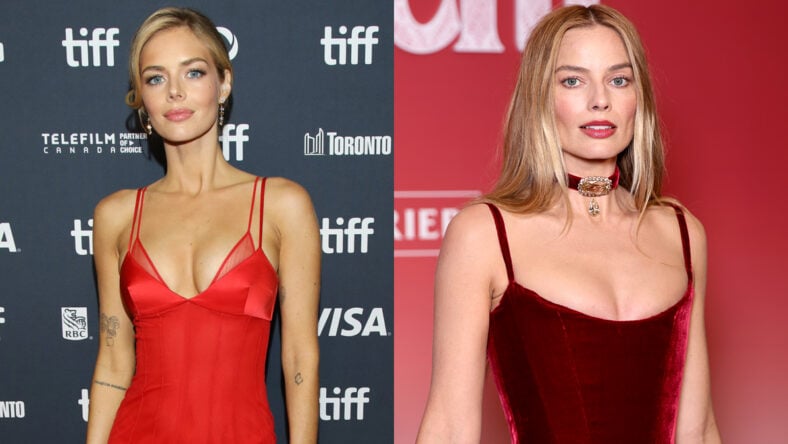 Samara Weaving in a red dress at a movie premiere / Margot Robbie in a dark red dress
