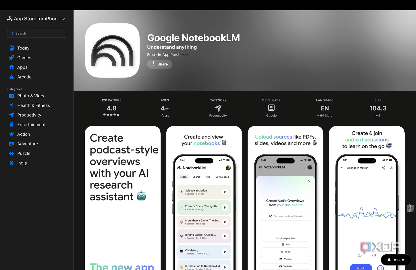 NotebookLM app displayed on the App Store