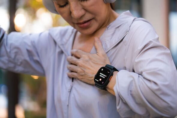 Senior woman having heart attack while running Senior woman having heart attack while running