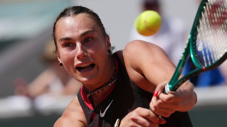 Aryna Sabalenka of Belarus returns to Daria Kasatkina of Australia during their third round women's singles tennis match at the French Open tennis tournament in Paris, Saturday, May 30, 2026. (AP Photo/Thibault Camus)