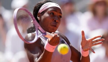 Coco Gauff returns to Taylor Townsend during their first round women's singles match at the French Open