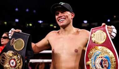 David Benavidez celebrates his WBA & WBO Cruiserweight World Championship victory against Gilberto 'Zurdo' Ramirez at T-Mobile Arena on May