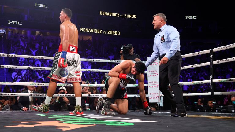 David Benavidez reacts after knocking down Gilberto Ramirez in a cruiserweight championship boxing match Saturday, May 2, 2026, in Las Vegas