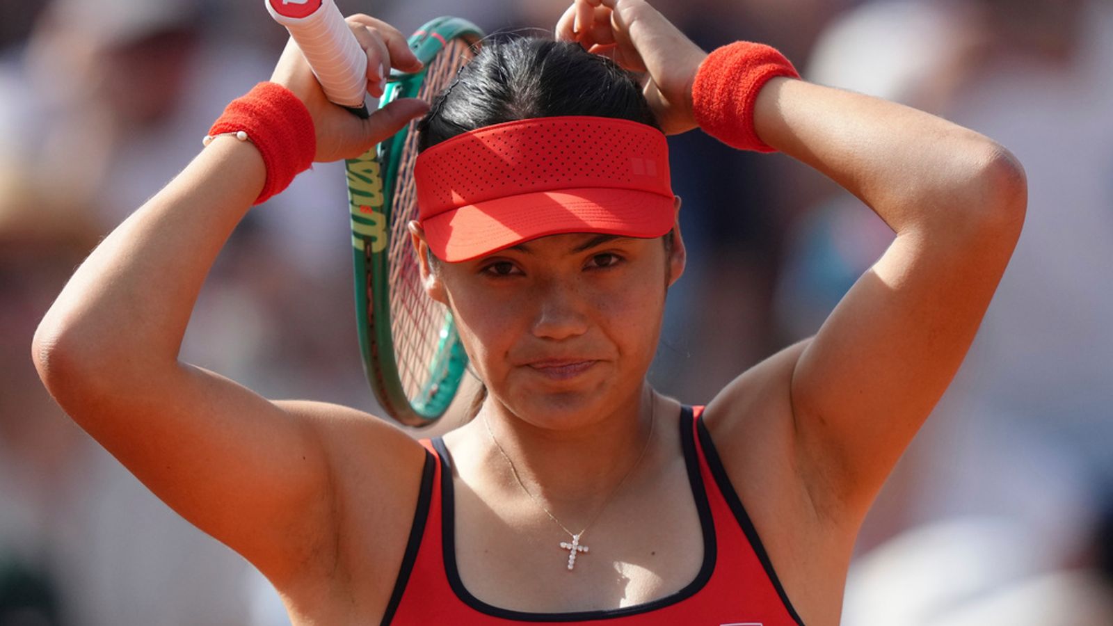 Emma Raducanu of Britain warms up before the first round women's singles tennis match against Solana Sierra of Argentina at the French Open