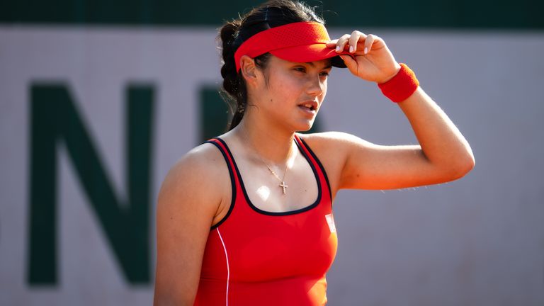 Emma Raducanu of Great Britain in action against Solana Sierra of Argentina in the first round on Day One of the 2026 French Open at Roland 