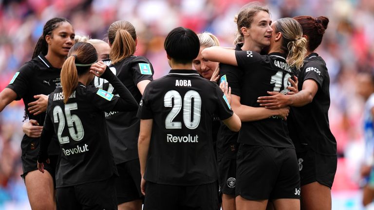 Vivianne Miedema is congratulated by her teammates after scoring in the FA Cup final