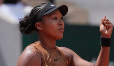 Naomi Osaka of Japan celebrates winning the third round women's singles tennis match against against Iva Jovic of the U.S. at the French Open tennis tournament in Paris, Saturday, May 30, 2026. (AP Photo/Thibault Camus)