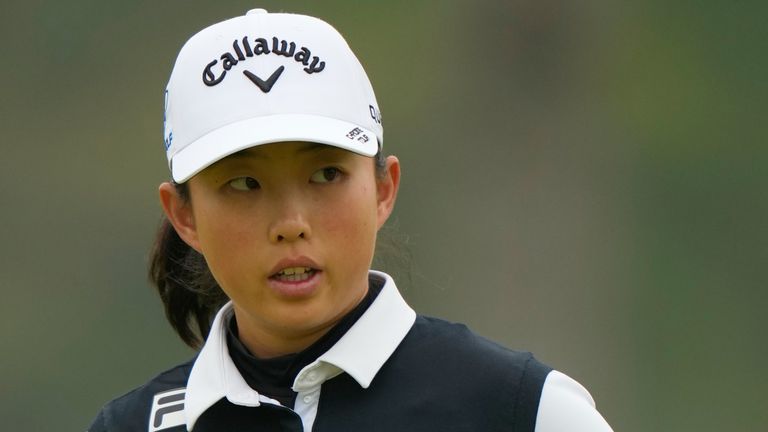 Ruoning Yin, of China, reacts after sinking a putt on the second hole during the final round of the Mizuho Americas Open