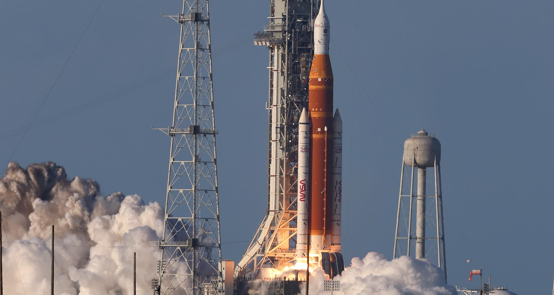 A view of NASA’s Orion spacecraft aboard the SLS (Space Launch System) rocket on April 1 during the launch of the Artemis II test flight.