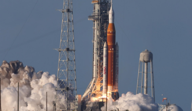 A view of NASA’s Orion spacecraft aboard the SLS (Space Launch System) rocket on April 1 during the launch of the Artemis II test flight.