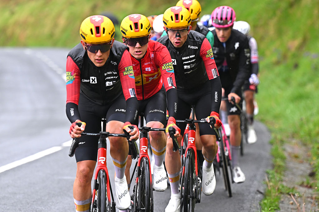 BERGARA, SPAIN - APRIL 11: (L-R) Johannes Kulset of Norway and Andreas Kron of Denmark and Team Uno-X Mobility compete during the 65th Itzulia Basque Country 2026, Stage 6 a 135.2km stage from Goizper-Antzuola to Bergara / #UCIWT / on April 11, 2026 in Bergara, Spain. (Photo by Tim de Waele/Getty Images)