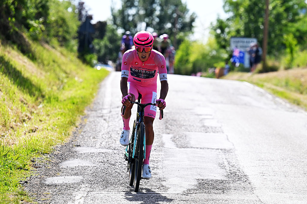 NOVI LIGURE, ITALY - MAY 21: Afonso Eulalio of Portugal and Team Bahrain - Victorious - Pink Leader Jersey attacks during the 109th Giro d&amp;apos;Italia 2026, Stage 12 a 175km stage from Imperia to Novi Ligure / #UCIWT / on May 21, 2026 in Novi Ligure, Italy. (Photo by Tim de Waele/Getty Images)