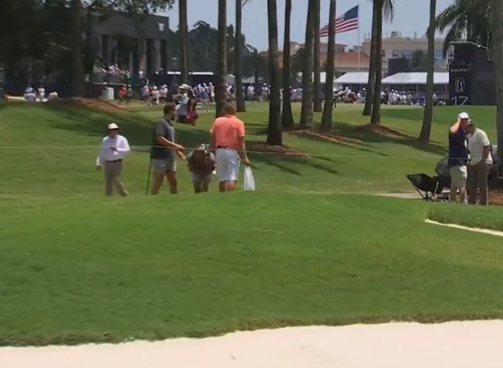 The fan was walking past the fairway when the ball hit him on the arm
