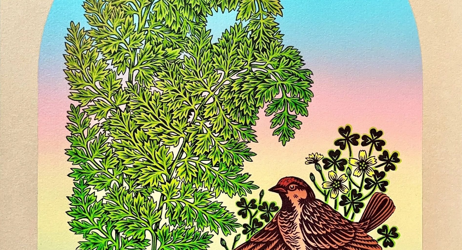 a woodblock print of a songbird and a cricket against a gradient sky and plants