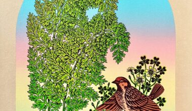 a woodblock print of a songbird and a cricket against a gradient sky and plants