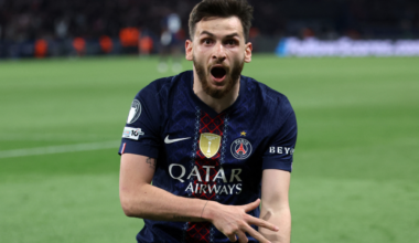 Paris Saint-Germain's Georgian forward #07 Khvicha Kvaratskhelia celebrates after scoring his team fourth goal during the UEFA Champions League semi-final first leg