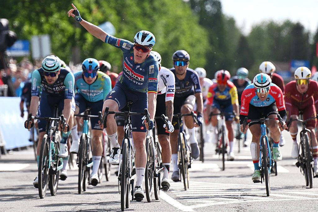 BEKESCSABA, HUNGARY - MAY 13: Tim Merlier of Belgium and Team Soudal Quick-Step celebrates at finish line as stage winner during the 47th Tour of Hungary 2026. Stage 1 a 143.1km stage from Gyula to Bekescsaba on May 13, 2026 in Bekescsaba, Hungary. (Photo by Luc Claessen/Getty Images)