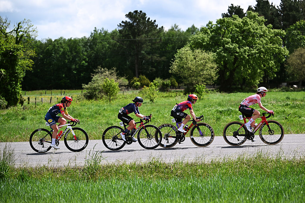 Lauretta Hanson (Lidl-Trek), Marine Allione (Mayenne Monbana My Pie), Marta Jaskulska (Human Powered Health) and Annelies Nijssen (Lotto Intermarch&eacute; Ladies) lead stage 4 of the 2026 La Vuelta Femenina. (Photo by Szymon Gruchalski/Getty Images)