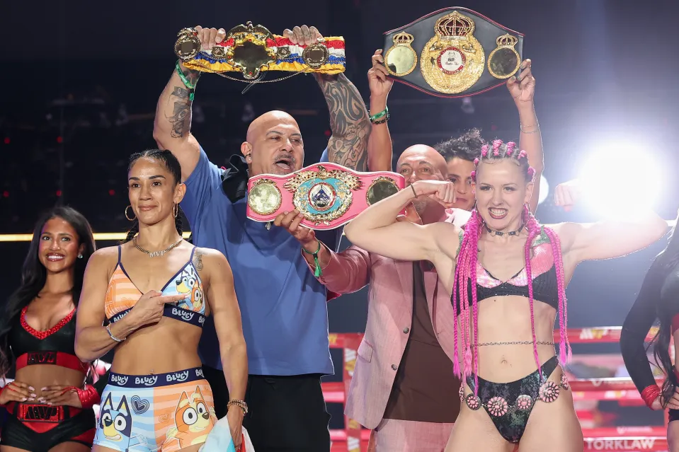 Unified featherweight world champion Amanda Serrano and challenger Cheyenne Hanson face-off at the weigh-in for their upcoming fight at El Paso County Coliseum on May 29, 2026 in El Paso, Texas