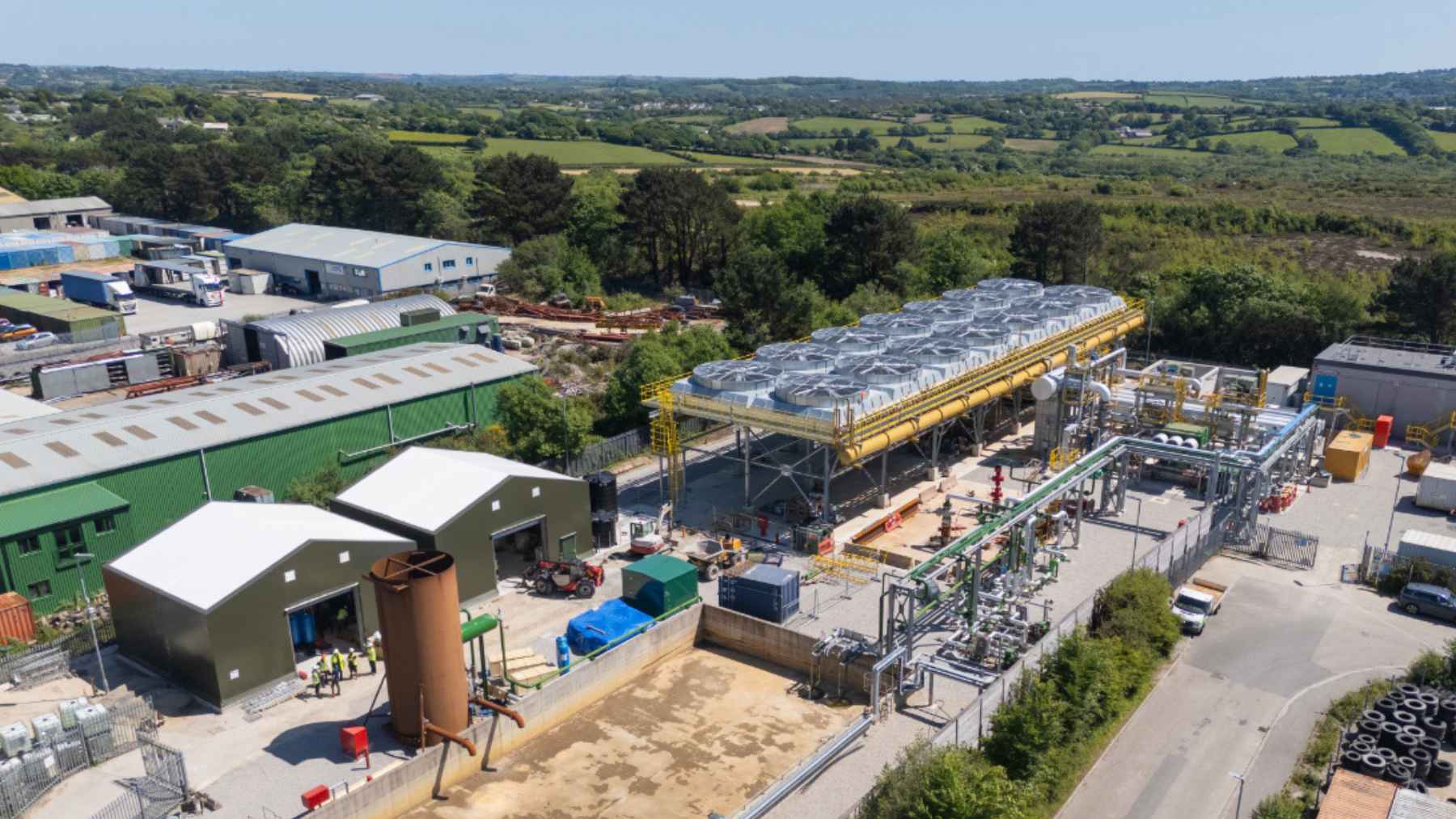 Aerial view of the United Downs geothermal and lithium extraction plant in Cornwall, England