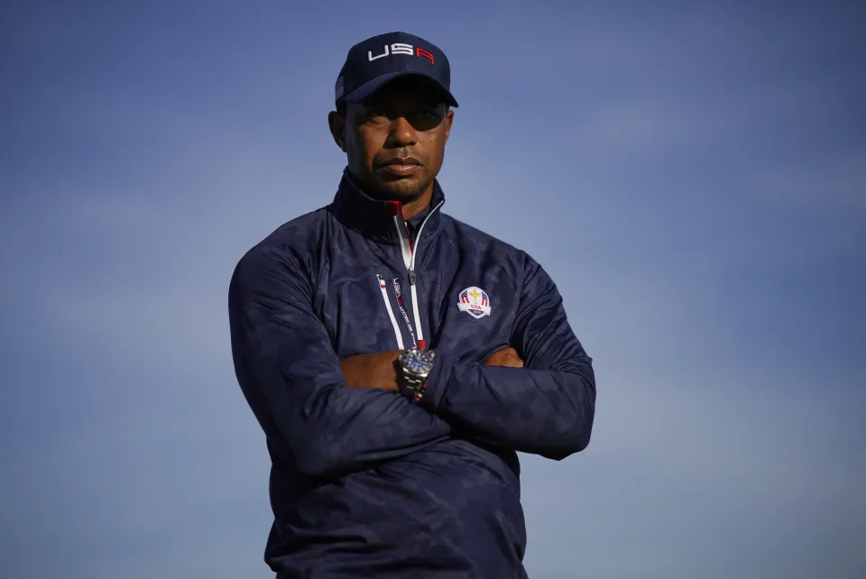 US golfer Tiger Woods looks on during his foursomes match on the second day of the 42nd Ryder Cup