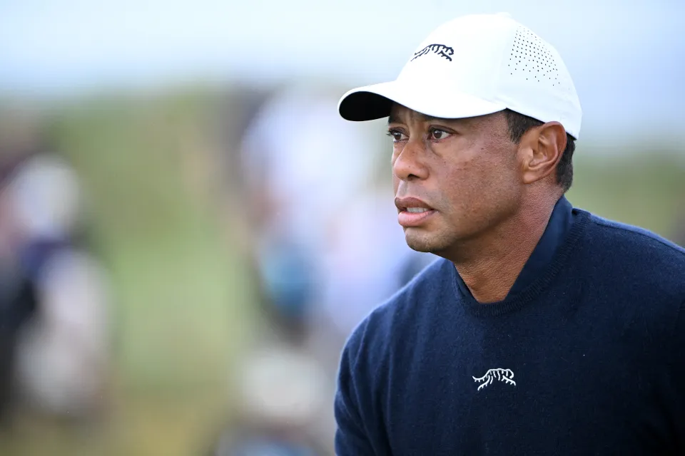 US golfer Tiger Woods reacts after driving from the 4th tee during his second round, on day two of the 152nd British Open Golf Championship at Royal Troon on the south west coast of Scotland on July 19, 2024