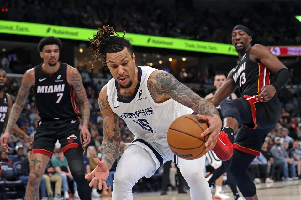 Brandon Clarke #15 of the Memphis Grizzlies handles the ball during the first half against the Miami Heat at FedExForum on March 15, 2025 in Memphis, Tennessee.