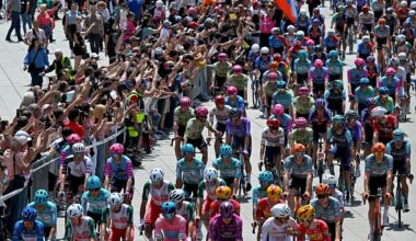 PLOVDIV, BULGARIA - MAY 10: (L-R) Diego Pablo Sevilla of Spain and Team Polti VisitMalta - Blue Mountain Jersey, Paul Magnier of France and Team Soudal Quick-Step - Purple Points Jersey, Guillermo Thomas Silva of Uruguay and Team XDS Astana - Pink Leader Jersey and Jan Christen of Switzerland and UAE Team Emirates - XRG - White Best Young Rider Jersey prior to the 109th Giro d&amp;amp;apos;Italia 2026, Stage 3 a 175km stage from Plovdiv to Sofia / #UCIWT / on May 10, 2026 in Plovdiv, Bulgaria. (Photo by Tim de Waele/Getty Images)