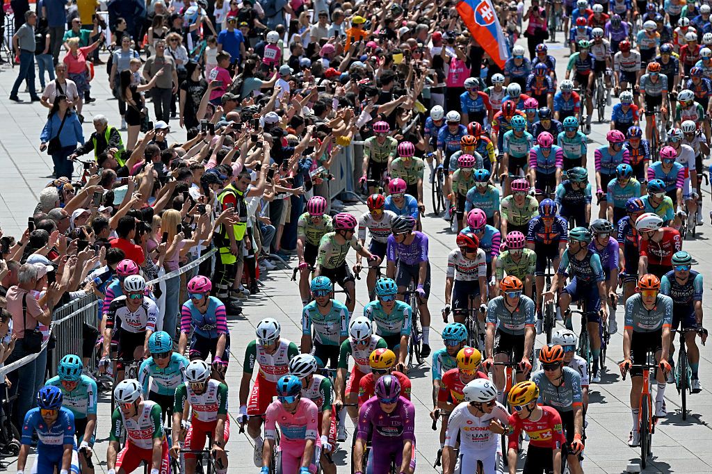 PLOVDIV, BULGARIA - MAY 10: (L-R) Diego Pablo Sevilla of Spain and Team Polti VisitMalta - Blue Mountain Jersey, Paul Magnier of France and Team Soudal Quick-Step - Purple Points Jersey, Guillermo Thomas Silva of Uruguay and Team XDS Astana - Pink Leader Jersey and Jan Christen of Switzerland and UAE Team Emirates - XRG - White Best Young Rider Jersey prior to the 109th Giro d&amp;amp;apos;Italia 2026, Stage 3 a 175km stage from Plovdiv to Sofia / #UCIWT / on May 10, 2026 in Plovdiv, Bulgaria. (Photo by Tim de Waele/Getty Images)