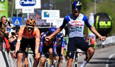 Giulio Pellizzari of Italy and Team Red Bull - BORA - hansgrohe celebrates at finish line as stage winner (R) ahead of Thymen Arensman of Netherlands and Team INEOS Grenadiers (L) during the 48th Tour of the Alps 2026, Stage 2