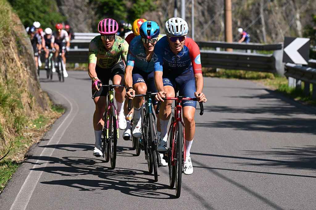 Michael Valgren of Team EF Education - EasyPost, Alberto Bettiol of Team XDS Astana and Josh Kench and Team Groupama - FDJ United compete in the breakaway during the 109th Giro d'Italia 2026