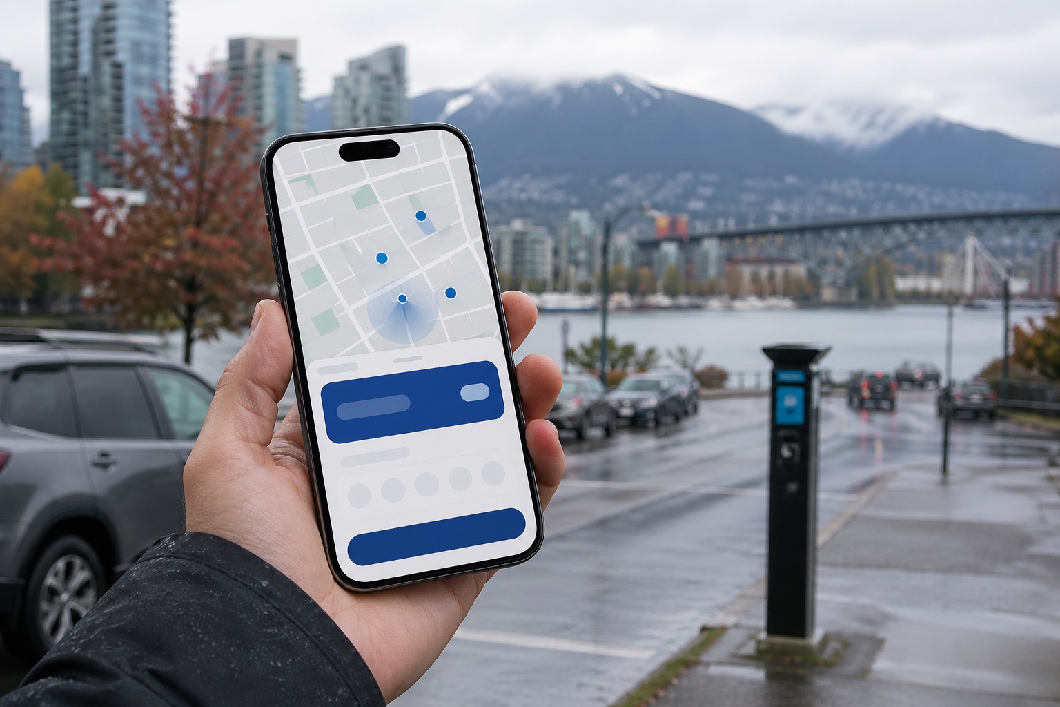 Person holds a smartphone showing a map with blue location pins, in a city waterfront scene with mountains in the background.
