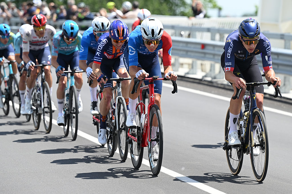 CHIAVARI, ITALY - MAY 20: (L-R) Johan Jacobs of Switzerland and Team Groupama - FDJ United and Nickolas Zukowsky of Canada and Team Pinarello Q36.5 Pro Cycling compete during the 109th Giro d&amp;apos;Italia 2026, Stage 11 a 195km stage from Porcari to Chiavari / #UCIWT / on May 20, 2026 in Chiavari, Italy. (Photo by Dario Belingheri/Getty Image)