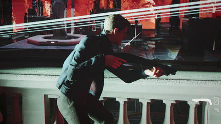 James Bond holds a shotgun in a red-lit room while bullets streak past
