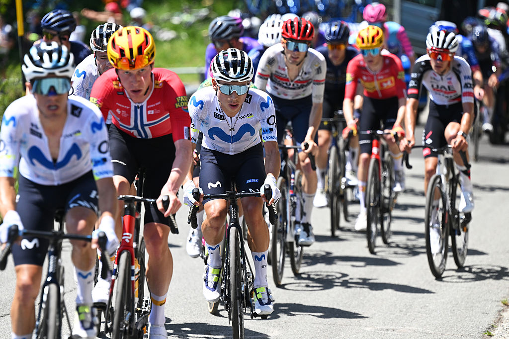 PILA - GRESSAN, ITALY - MAY 23: Einer Rubio of Colombia and Team Movistar competes in the breakaway during the 109th Giro d&amp;apos;Italia 2026, Stage 14 a 133km stage from Aosta to Pila - Gressan 1789m / #UCIWT / on May 23, 2026 in Pila - Gressan, Italy. (Photo by Tim de Waele/Getty Images)