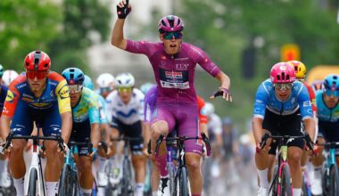 Soudal Quick-Step French rider Paul Magnier wearing the points classification mauve jersey (Maglia Ciclamino) celebrates as he crosses the finish line to win the 3nd stage of the Giro d'Italia 2026 - Tour of Italy cycling race between Plovdiv and Sofia, Bulgaria, on May 10, 2026. (Photo by Luca Bettini / AFP)