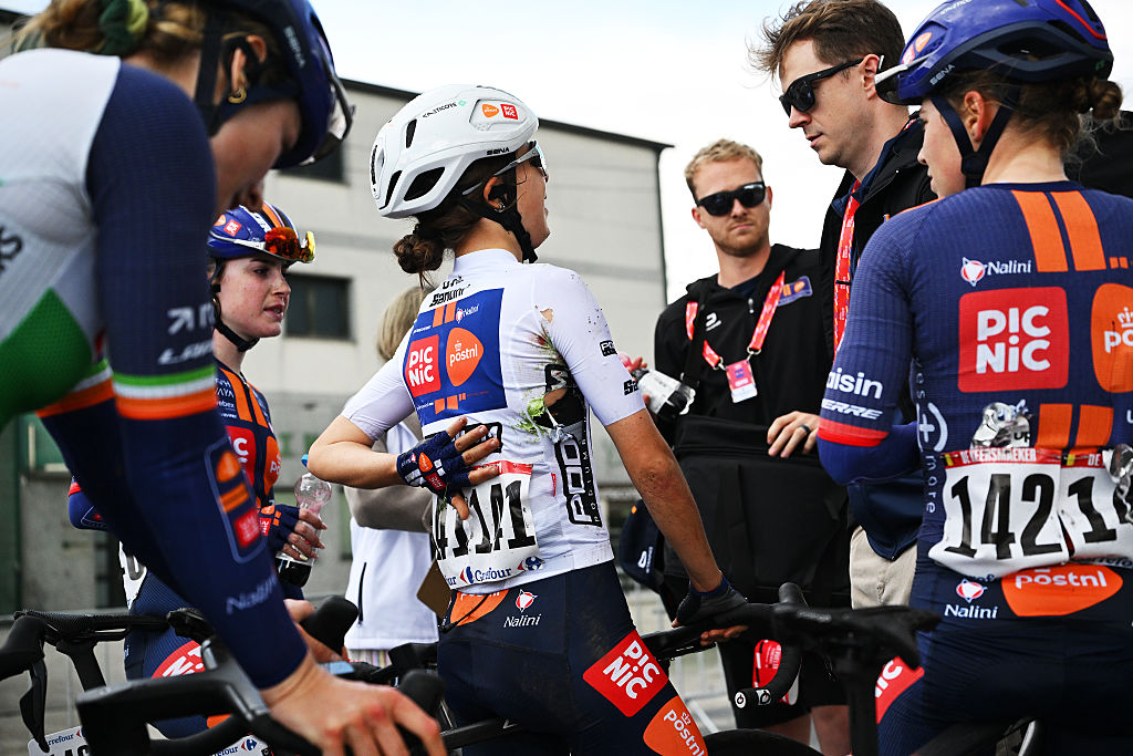 SAN-CIBRAO-DAS-VINAS, SPAIN - MAY 04: Eleonora Ciabocco of Italy and Team Picnic PostNL - White Best Young Rider Jersey injured after the 12th La Vuelta Femenina 2026, Stage 2 a 109.8km stage from Lobios to San Cibrao das Vinas / #UCIWWT / on May 04, 2026 in San Cibrao das Vinas, Spain. (Photo by Szymon Gruchalski/Getty Images)
