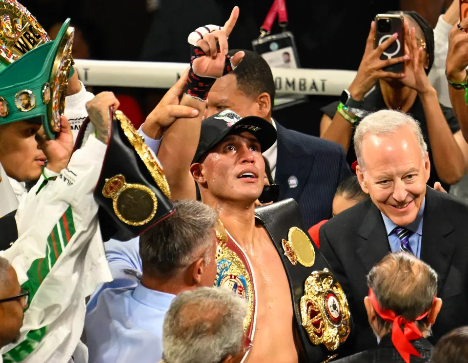 David âEl Monstroâ Benavidez (in red & white short) defeated Gilberto âZurdoâ Ramirez (not seen) by sixth-round TKO during their WBA & WBO cruiserweight world championship of the Premiere Boxing Championship on Saturday night's main event at the MGM Grand Garden Arena in Las Vegas, Nevada, United States on May 2, 2026.