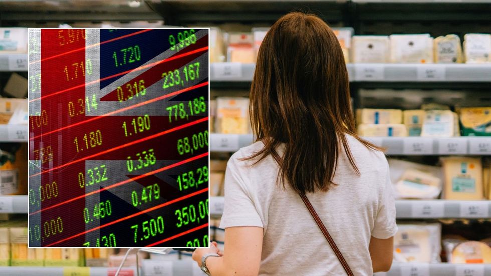 Woman shopping and UK economy graph