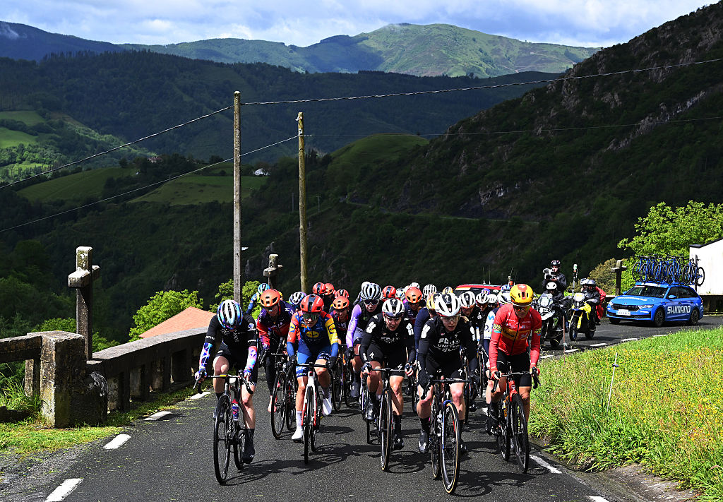 Loes Adegeest (Lidl - Trek) leads the peloton during stage 1 of the 5th Itzulia Women, on May 15, 2026 in Zarautz, Spain. (Photo by Szymon Gruchalski/Getty Images)