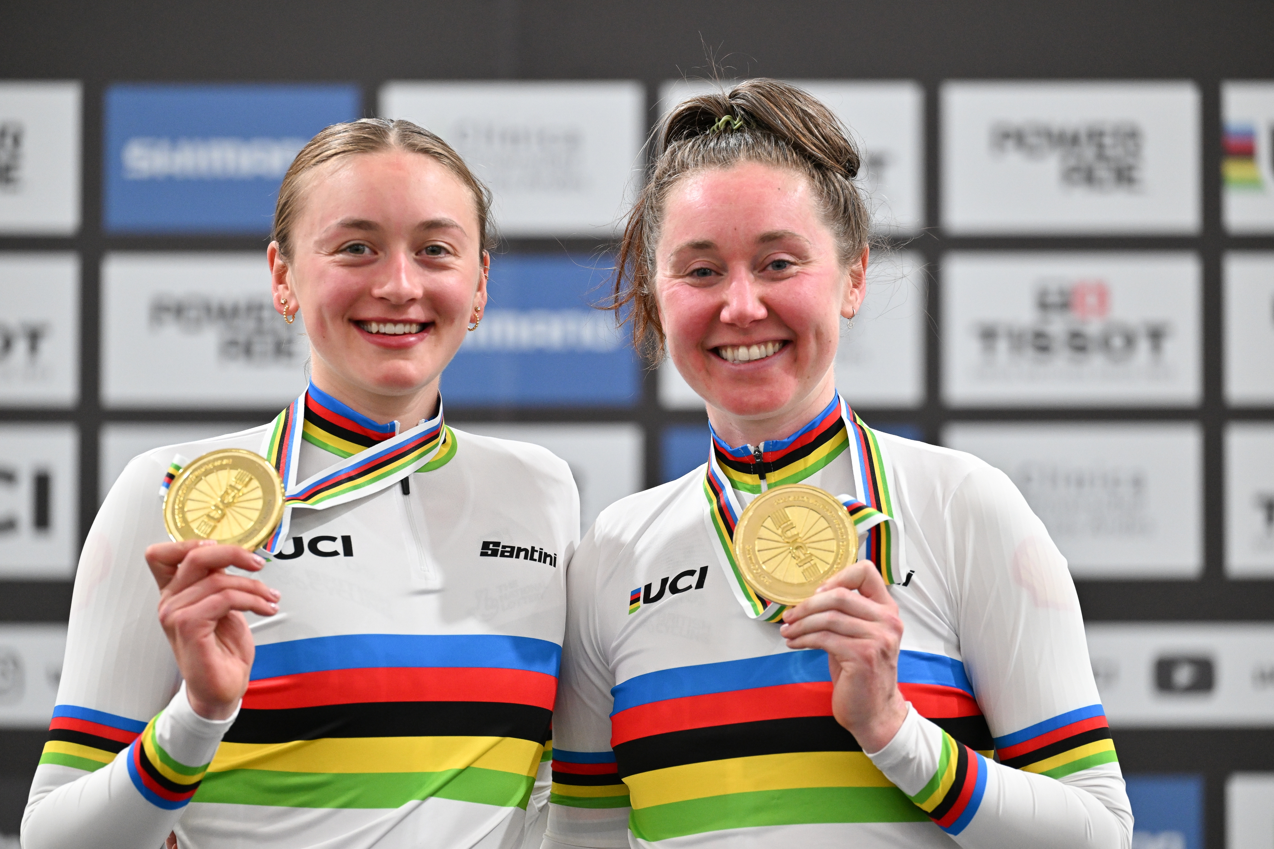Maddie Leech and Katie Archibald in rainbow jerseys